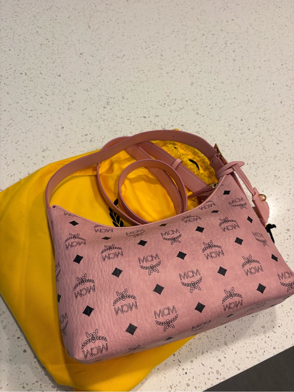 MCM Pink Logo Shoulder Bag with Gold Hardware